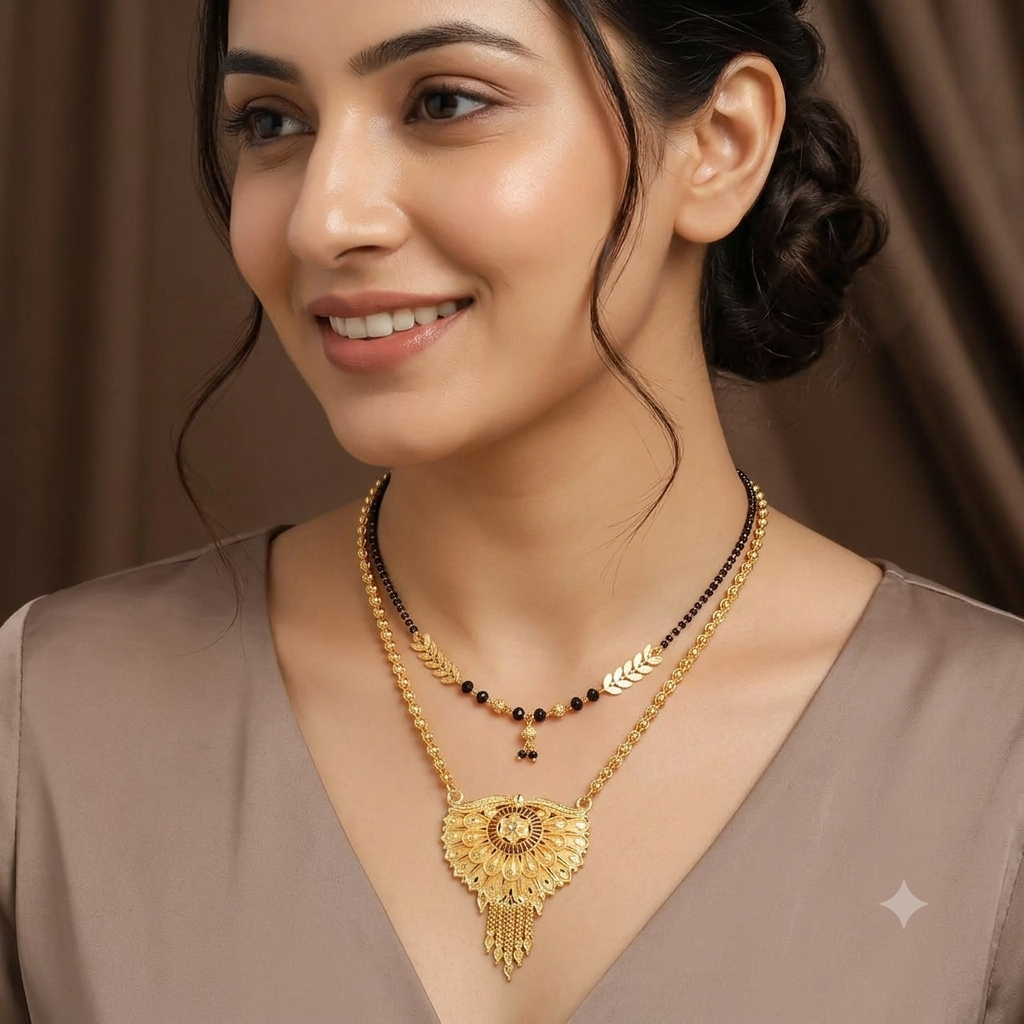 ✨ Premium Gold Plated Dual Mangalsutra Combo | Long Peacock Moti Mala (30 Inch) + Short Leaf Design (24 Inch) 💖