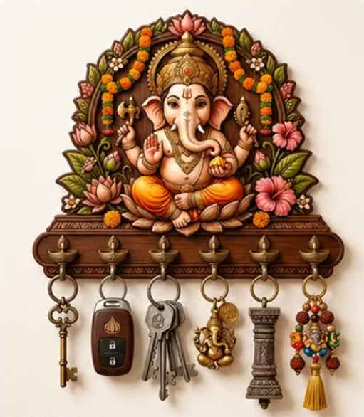 🙏 Wooden Ganesha Key Holder with 6 Hooks