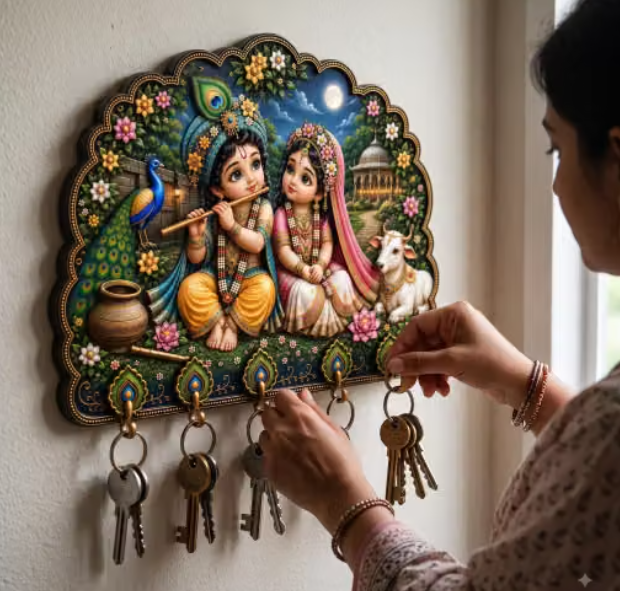🙏 Wooden Bal Radha Krishna Key Holder
