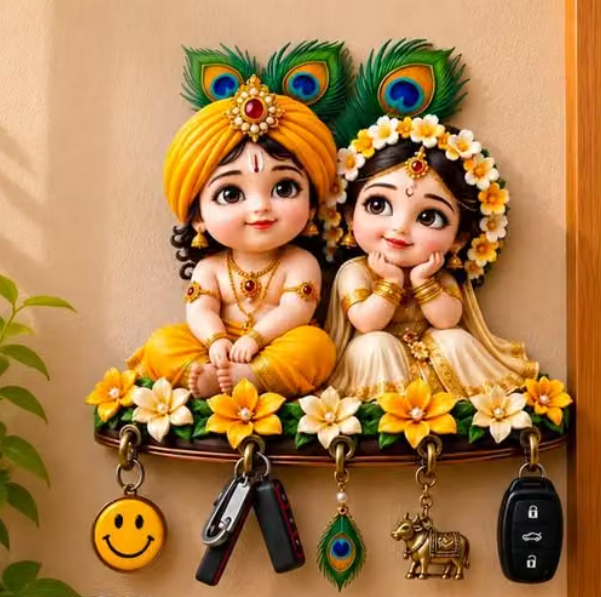 🙏 Cute Radhe Krishna Wooden Key Holder
