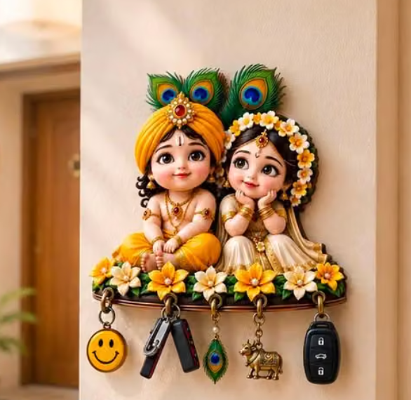 🙏 Cute Radhe Krishna Wooden Key Holder