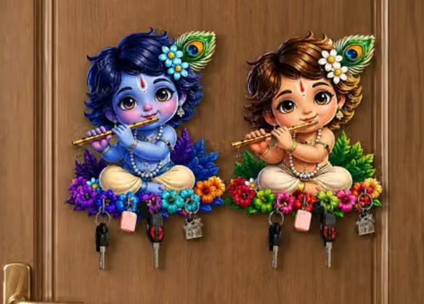 🙏 Little Krishna Wooden Key Holder – Pack of 4