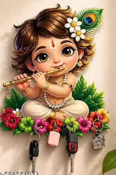 🙏 Little Krishna Wooden Key Holder – Pack of 4
