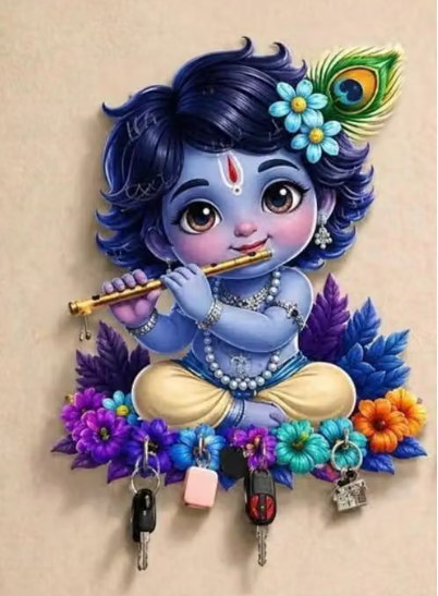 🙏 Little Krishna Wooden Key Holder – Pack of 4