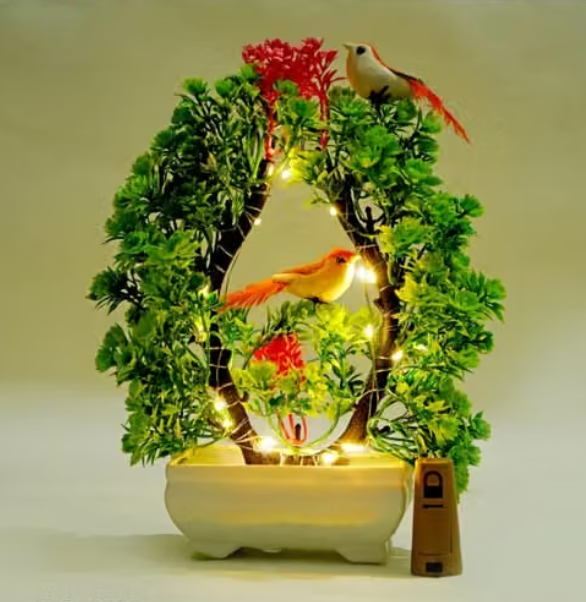 🌳 Artificial Bonsai Tree with LED & Sparrows