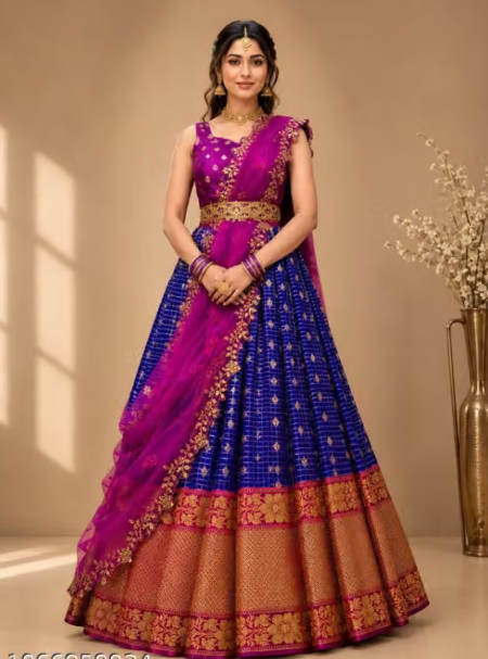 Trending Silk Blend Lehenga Choli Set + Embroidery Cut work Net Dupatta
