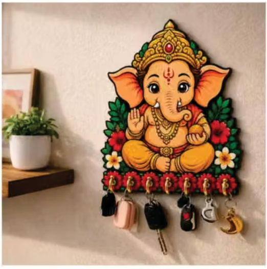 🙏 Wooden Ganesha Key Holder for Wall