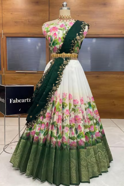 Half Saree + Print Design + Jacquard Border & Rangoli Silk Dupatta