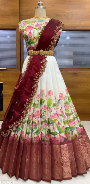 Half Saree + Print Design + Jacquard Border & Rangoli Silk Dupatta