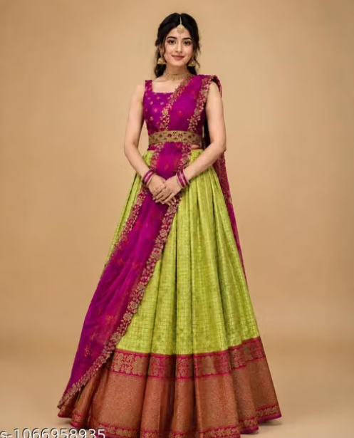 Trending Silk Blend Lehenga Choli Set + Embroidery Cut work Net Dupatta
