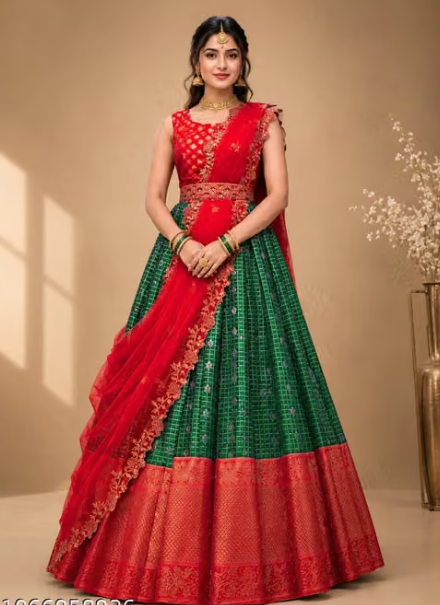 Trending Silk Blend Lehenga Choli Set + Embroidery Cut work Net Dupatta