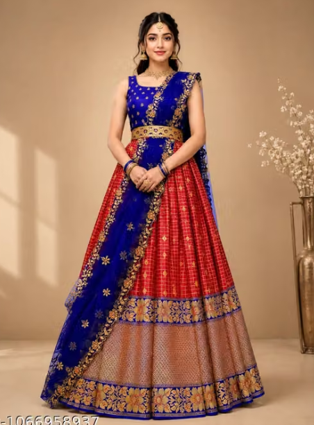 Trending Silk Blend Lehenga Choli Set + Embroidery Cut work Net Dupatta