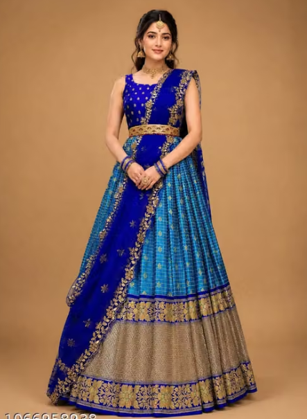 Trending Silk Blend Lehenga Choli Set + Embroidery Cut work Net Dupatta