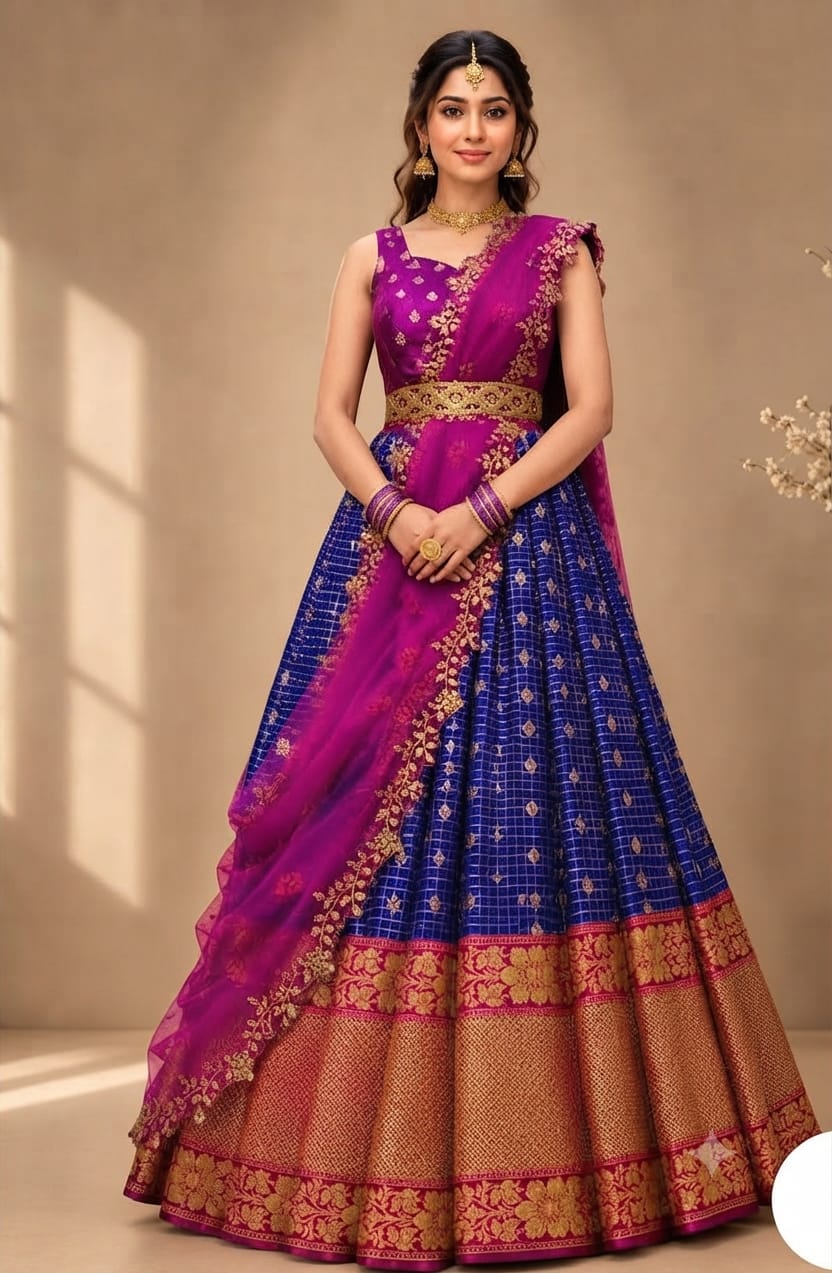 Trending Silk Blend Lehenga Choli Set + Embroidery Cut work Net Dupatta