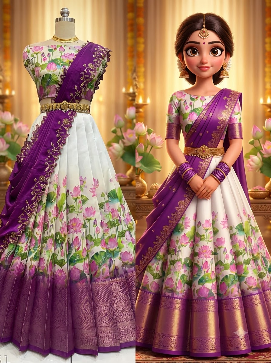 Half Saree + Print Design + Jacquard Border & Rangoli Silk Dupatta