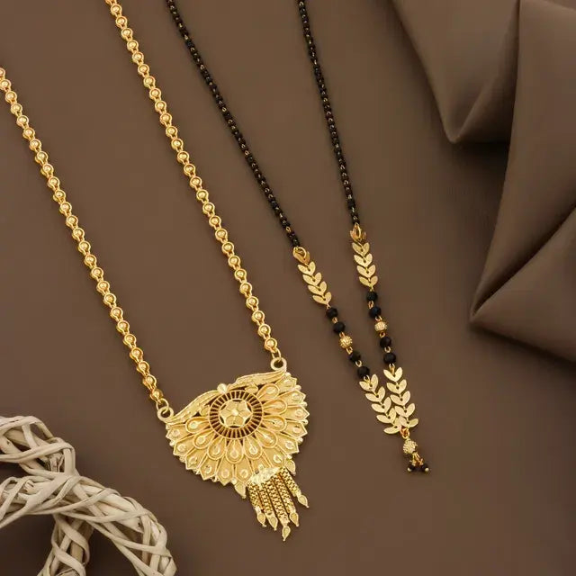 ✨ Premium Gold Plated Dual Mangalsutra Combo | Long Peacock Moti Mala (30 Inch) + Short Leaf Design (24 Inch) 💖